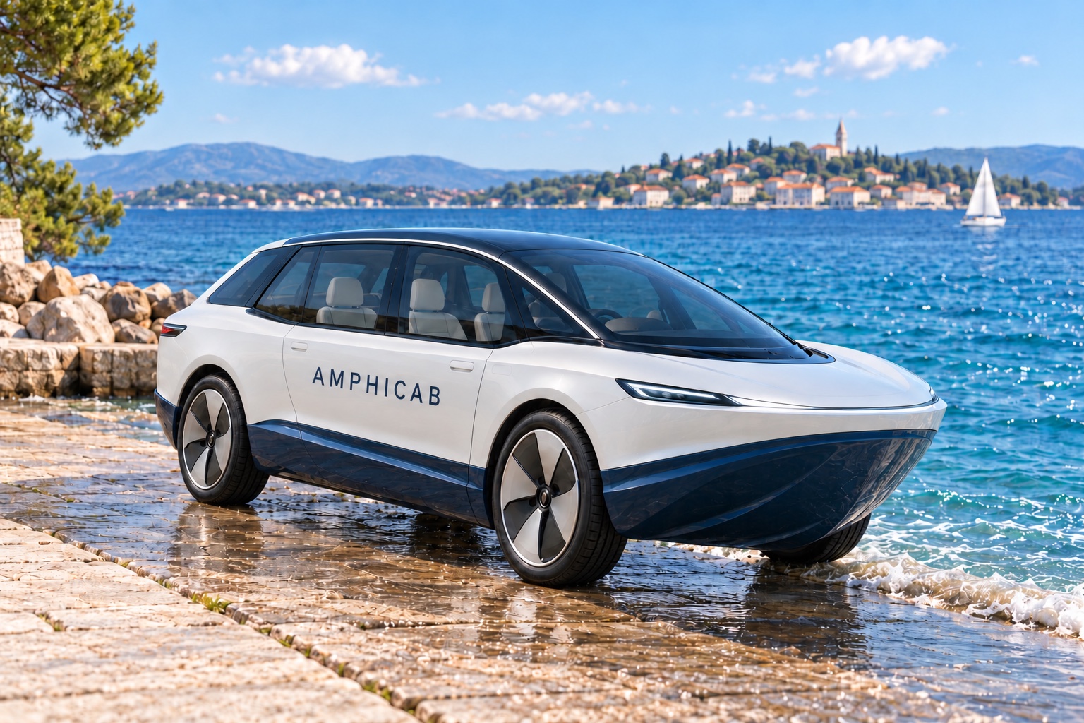 A pearl-white Amphicab amphibious vehicle at a bright coastal waterfront.